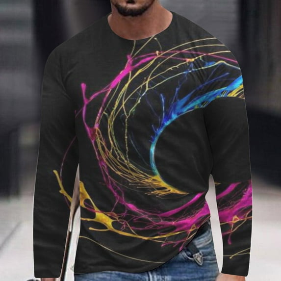 Lilgiuy New Fashion Men's Long Sleeve 3D Printing T-shirt Loose Round Neck Pullover Undercoat Top Blouses & Shirts for Bodybuilding Gym