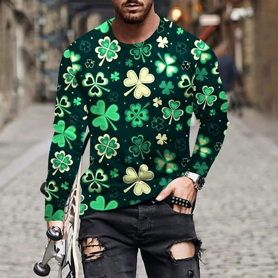 Lilgiuy New Saint Patrick Men's 3D Printed Long Sleeve T-shirt Loose Round Neck Undercoat Top Blouses & Shirts for Party Birthday Club