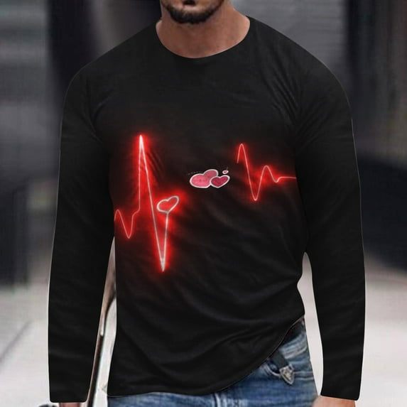 Lilgiuy New Valentine's Day Men's 3D Printing Long Sleeve T-shirt Fashion Casual Loose Round Neck Undercoat Top Blouses & Shirts for Gym Workout Jogging Beach