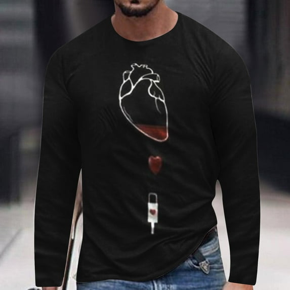 Lilgiuy New Valentine's Day Men's 3D Printing Long Sleeve T-shirt Fashion Casual Loose Round Neck Undercoat Top Blouses & Shirts for Party Birthday Club