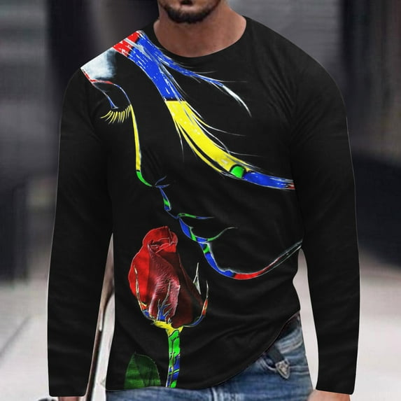 Lilgiuy New Valentine's Day Men's 3D Printing Long Sleeve T-shirt Fashion Casual Loose Round Neck Undercoat Top Blouses & Shirts for Bodybuilding Gym