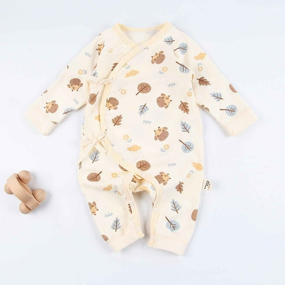 Lilgiuy Newborn Fall Jumpsuit Cute Cartoon Print Solid Color Long Sleeve Ultra-soft and Breathable Romper Coming Home Outfit for Outdoor Activities (Beige,0-3 months)