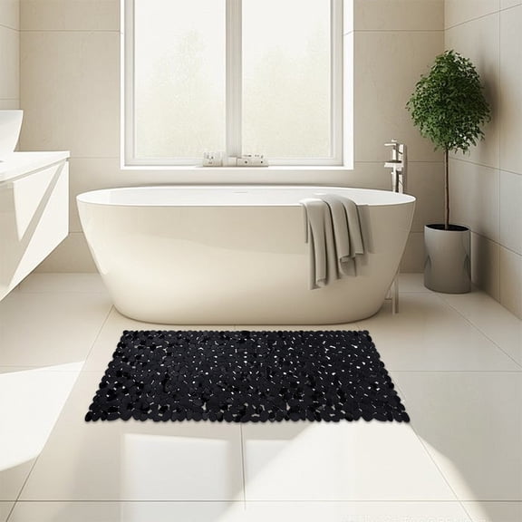Lilgiuy Non-Slip Pebbles Bathtub Mat Black 16 W x 40 L Inches Extra Large Safe Shower Mat with Drain Holes, Machine Washable Shower Mats for Bathroom Swimming Pool