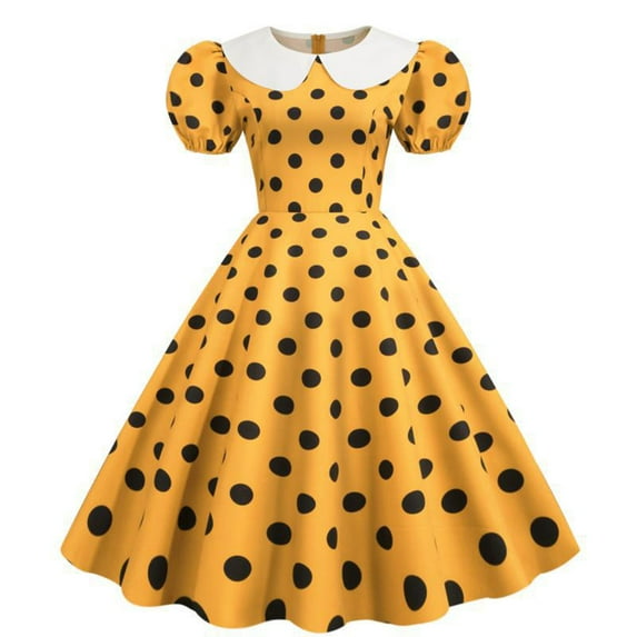 Lilgiuy Fashion Womens A-Line Flare Vintage Dress Prom Swing Short Puff Sleeve Polka Dot Printing Party Dress Lightweight Swing Short Mini Dress