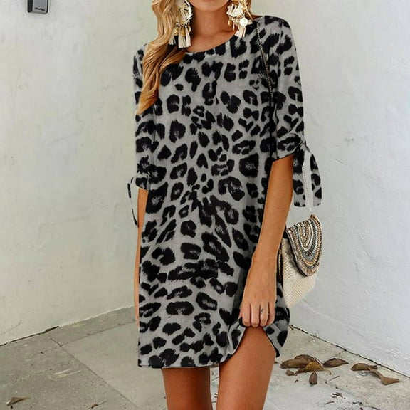Lilgiuy Oversized Dress for Women Summer Fashion Casual Round Neck Half Sleeve Bandage Leopard Print Loose Dress