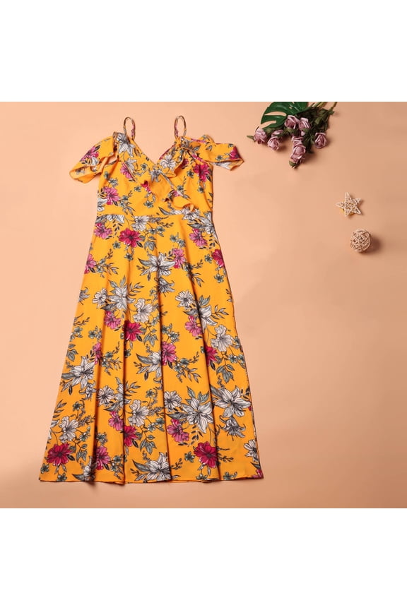 Parent-child Summer Flowers Leaf Print Beach Suspenders Dress Mother-daughter Parent-child Suit Mom Fall for 2022 Spring Winter