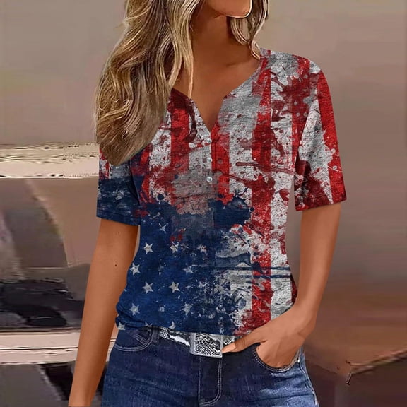 Lilgiuy Patriotic Shirts for Women Womens American Flag Star Short Sleeve Shirt 4th of July Independence Day V Neck Cute Festival Tops(Blue,3XL)