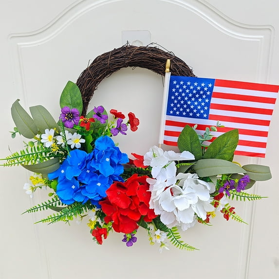 Lilgiuy Patriotic Wreath, 4th of July Wreath for Front Door, Red White Blue Wreaths for Independence Day, Memorial Day for Indoor Outdoor Party Wall Hanging Decoration, 17.71" x 15.74"
