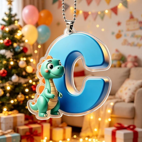 Lilgiuy Personalized Christmas Initial Letter Ornaments with Multicolor Dinosaur, Initial Letter Acrylic Hanging Pendant Christmas Tree Decoration Xmas Gifts (C)