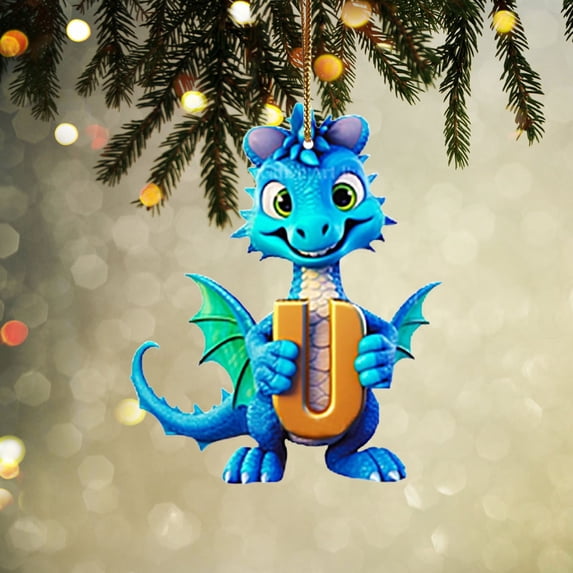 Lilgiuy Personalized Dinosaur Christmas Ornament 26 Letters Hanging Pendant Ornaments 2024 Plastic Initial Monogram Xmas Tree Decorations with Hanging Rope Unique Customized Fun Gift for Kids