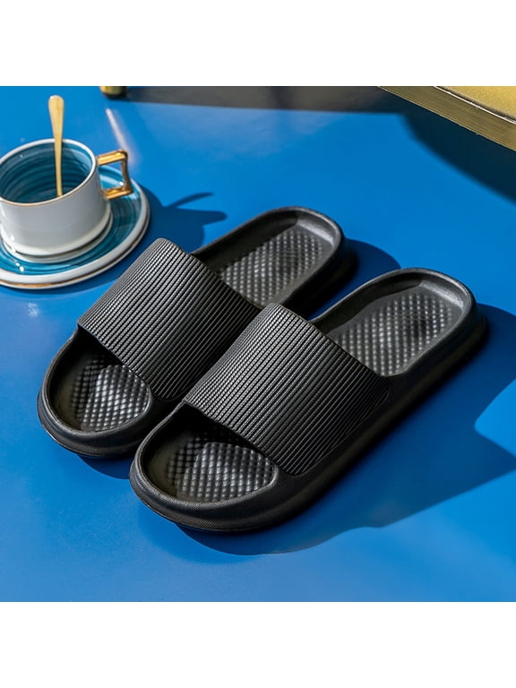 Pillow Slippers for Women and Men, Summer Casual Solid Color Non-Slip House Slippers, Bathroom Slippers Slides Sandals Gifts for Your Family or Friends(Black,8)