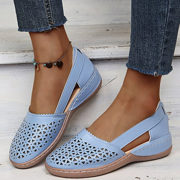 Lilgiuy Platform Sandals for Women Casual Solid Color Round Closed Toe Hollow Out Breathable Slip-on Shoes Summer Lightweight Wedge Sandals (Blue)