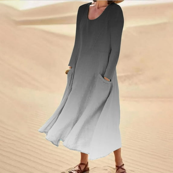 Lilgiuy Plus Size Dresses for Women 2023 Summer Clothes Gradient Long Sleeve Dresses with Pockets Oversized Maxi Dress Gifts for Your Girlfriend Daughter Mom