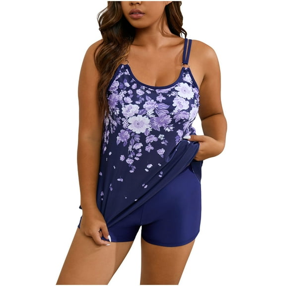 Lilgiuy Plus Size Swimsuit for Women 2024 Conservative Tankini Swimsuit Spring Summer Floral Print Loose Two Piece Bathing Suits Tank Top with Shorts Swimwear(Blue,XL)
