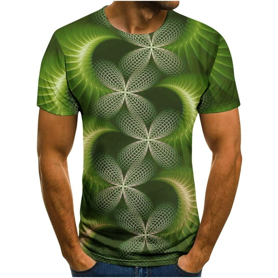 Lilgiuy Plus Size T-Shirts for Men Graphic Tops Spring and Summer Tee Casual Fashion Short-Sleeved 3D Geometric Printed Retro Shirt Blosue for Running Hiking Climbing(Green,L)