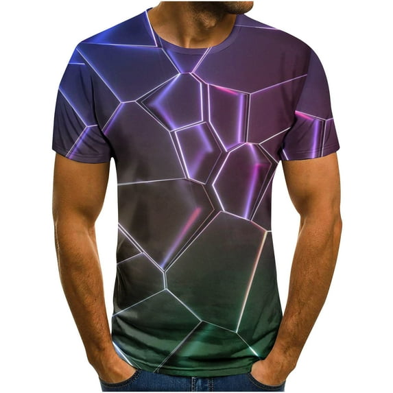 Lilgiuy Plus Size T-Shirts for Men Graphic Tops Spring and Summer Tee Casual Fashion Short-Sleeved 3D Geometric Printed Retro Shirt Blosue for Running Hiking Climbing(Purple,3XL)