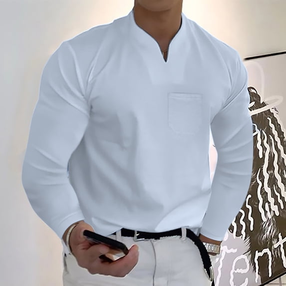 Lilgiuy Plus Size Tshirt for Men Casual Solid Sports Long-sleeved V-neck Fitness Training Clothes T-shirt Top