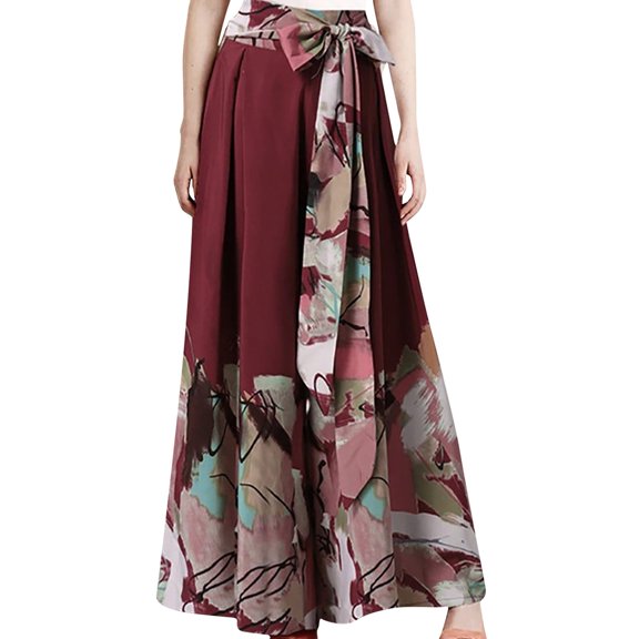 Lilgiuy Plus Size Women Casual Loose Printing Patchwork Bow Wide Leg Casual Pants Wine 6(M) Winter Fashion 2022
