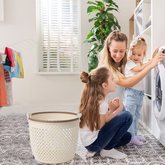 Lilgiuy Portable Laundry Basket, Storage Basket With Handles, Large Storage Baskets for Decor, Hollow Basket for Blankets, Toys, Clothes, Shoes, 12.40"x12.40"x10.24", Coffee