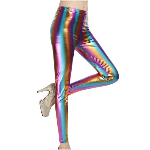 Lilgiuy Sales Online Rainbow Print Tight Pants for Women Casual Bronzing Imitation Leather Slimming and Not Easy to Fade Ninth Pants