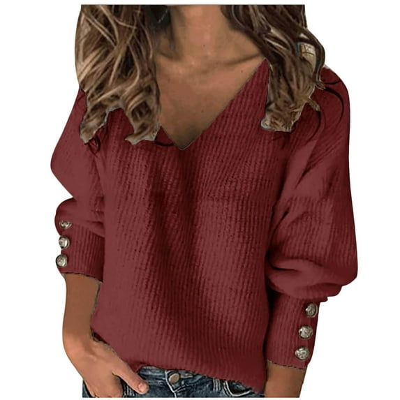 Lilgiuy Sales Online Womens Knitted Sweater Tops Classic Jumper Sweater Casual Long Sleeve Pullover Shirts with Buttons Plus Size Blouse