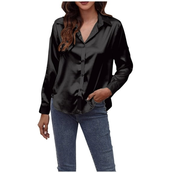 Lilgiuy Sales Women Satin Shirts Button Down Long Sleeve Casual Office Work Silky Tops Collared Blouse Lady Party Holiday T-Shirt