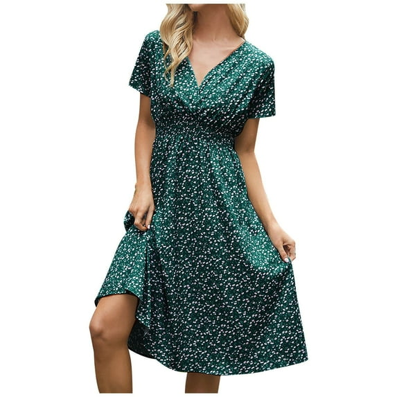 Lilgiuy Sales Women's Summer Short Sleeve Beach Dress Small Floral Print Bohemian Vacation Tunic Dress V Neck Country Midi Dresses