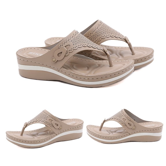 Lilgiuy Sandals for Women Flip Flops Wedge T-Strap Orthopedic Sandals Comfortable Beach Shoes Dressy Summer Sandals for Oceanside Holiday Outdoor(Beige,7)