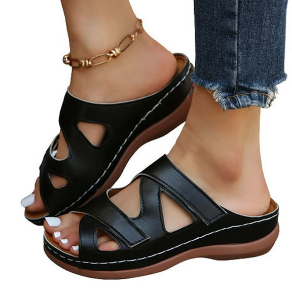 Lilgiuy Sandals Women Wedge Platform Comfortable Summer Beach Shoes Slippers Casual Slides Adjustable Hook and Loop Straps Slip on Walking Sandals for Travel (Black,4.5)