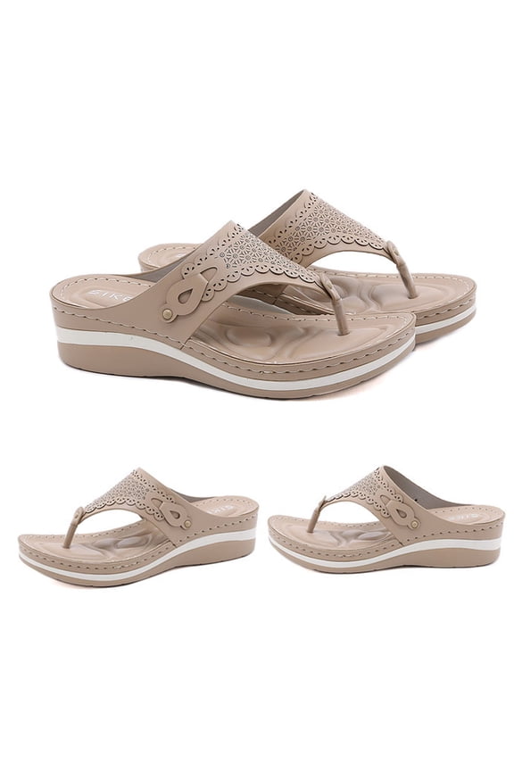 Sandals for Women Flip Flops Wedge T-Strap Orthopedic Sandals Comfortable Beach Shoes Dressy Summer Sandals for Spa(Beige,7.5)