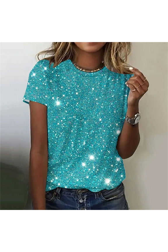 Sequin Tops for Women Casual Plus Size Short Sleeve Crewneck Shirt Bright Print Tops Party Night Glitter Sparkly Dressy Blouse Loose Pullover Gifts for Your Mom Wife Daughter (Mint Green,3XL)