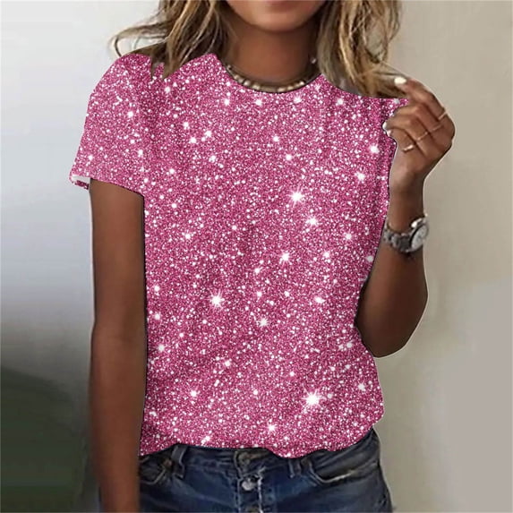 Lilgiuy Sequin Tops for Women Casual Solid Color Bright Print Short Sleeve Round Neck Summer Tops Trendy Dressy Basic Shirt Weekend Blouse for Work Dating (Pink,2XL)