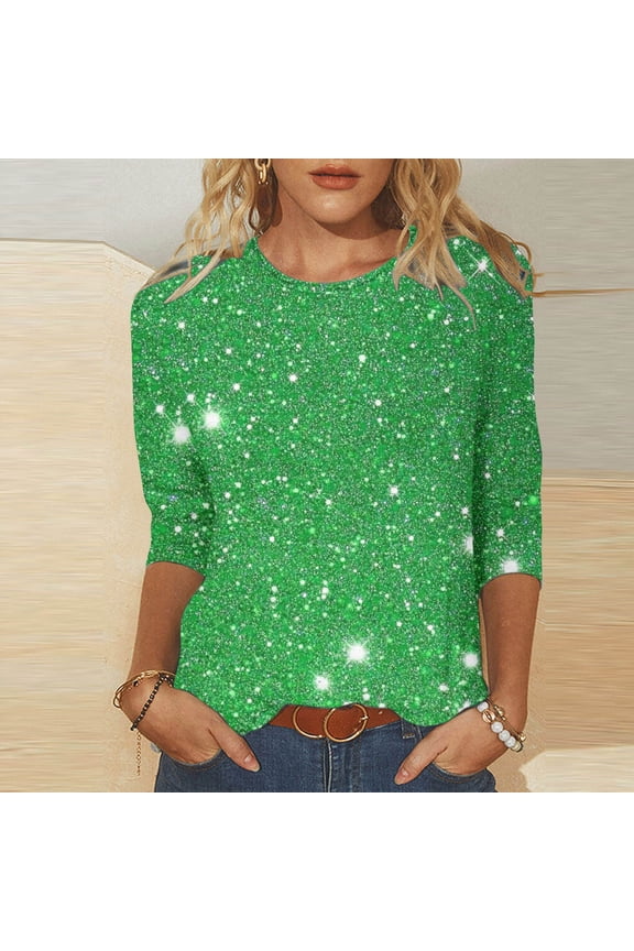Sequin Tops for Women Solid Color Sparkly Crewneck 3/4 Sleeve Loose Casual Dressy T-Shirts Trendy Glitter Blouse for Party Night Work Travel Wedding (Green,M)