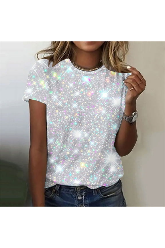 Sequin Tops for Women Casual Round Neck Short Sleeve Sparkly Glitter Blouses Summer Loose Concert Evening Wedding Party T Shirts (White,2XL)