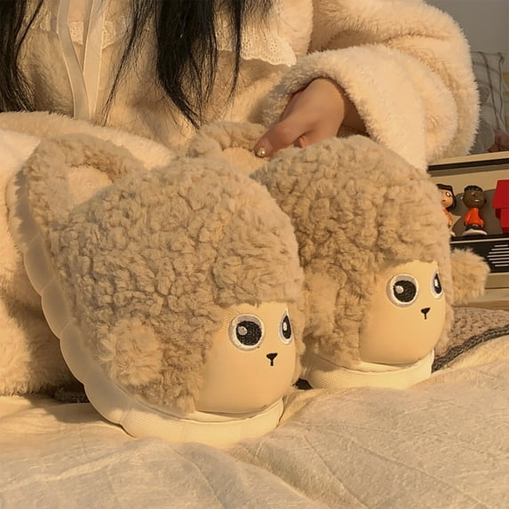 Lilgiuy Sheep Cotton Slippers Cute Thick Bottom Winter Indoor Home Floor Non-slip Cotton Shoes Baotou Wear-resistants Padded Thickened Warm Cotton Slippers for Going Out