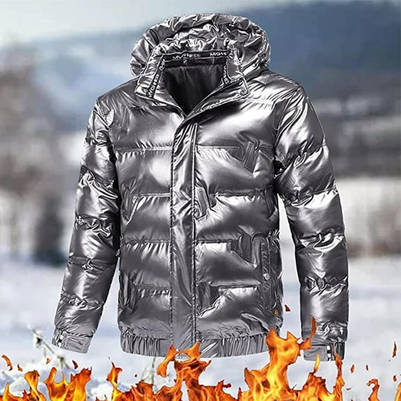Lilgiuy Shiny Reflective Down Jacket for Men Casual Solid Color Long Sleeve Winter Warm Hooded Puffer Jackets for Sports Gym Exersice