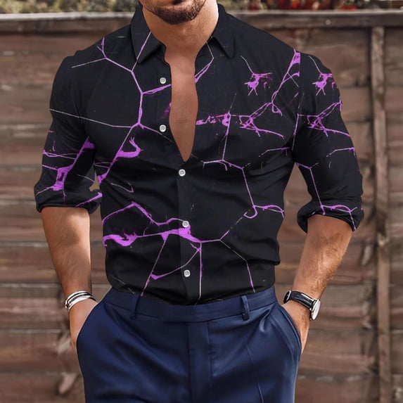 Lilgiuy Shirts for Men Casual Buttons Beach Non-positioning Print Turn Down Short Sleeve Shirt Blouse for Dating Wedding