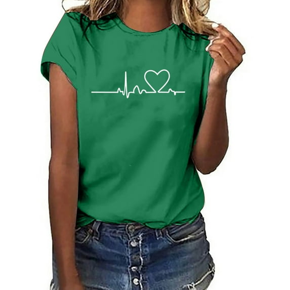 Lilgiuy Short Sleeve Tees for Women Summer Casual ECG Love Graphic Shirts Round Neck Pullover Tops for Work Travel Holiday (Green)