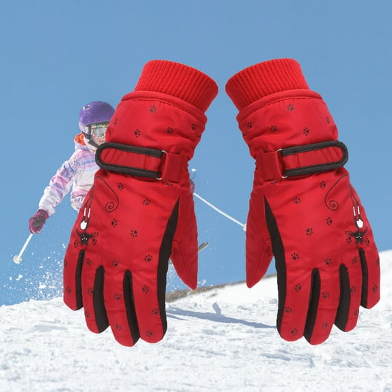 Lilgiuy Snow Gloves for Little Boys Girls Winter Fashion Solid Color Windproof Thicken Thermal Unisex Ski Gloves for Cold Weather Red（6-12 Years）