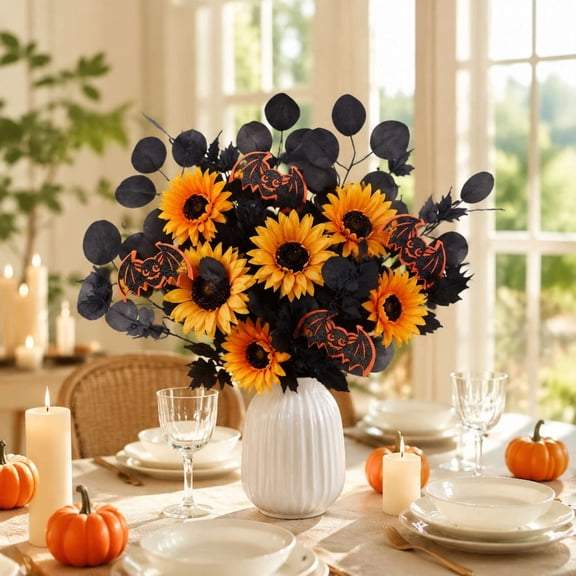 Lilgiuy Spooky Halloween Pick Sunflower Bat Stem with Black Foliage for Gothic Table Vase Fall Harvest Thanksgiving Seasonal Home Decor, 20.47"