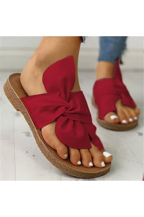 Summer Bow Tie Slippers for Womens Flat Sandals Casual Slip on Comfortable Beach Sandal Trendy Split-Toe Slide Sandals Flip Flop Gifts for Your Co-workers(Red,4.5)