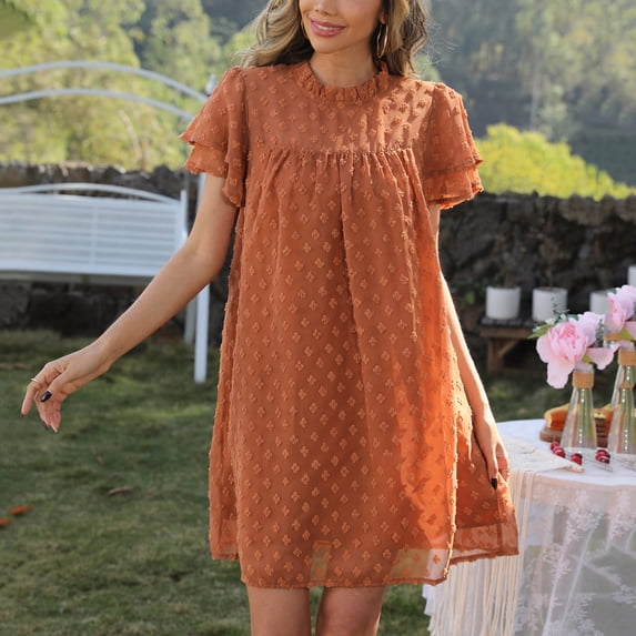 Lilgiuy Summer Sales Fashion Women Casual Loose Solid Mesh Turtleneck Short Sleeve Long Dress