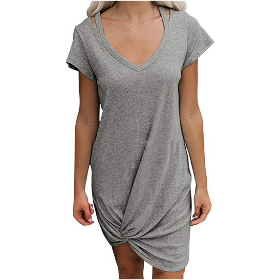 Lilgiuy Summer Sales Knotted Hem Dress for Women Summer Hollow Out V Neck Short Sleeve Dress Casual Comfy Home Dress Holiday Midi Dresses Gray