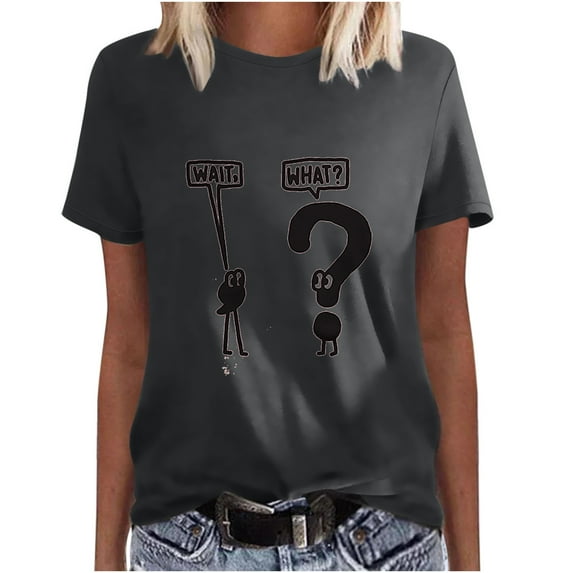 Lilgiuy Summer Sales Wait, What? T-Shirt for Women Cute Comma and Question Mark Graphic Tees Casual Slim Fit Short Sleeve Round Neck Tops Dark Gray