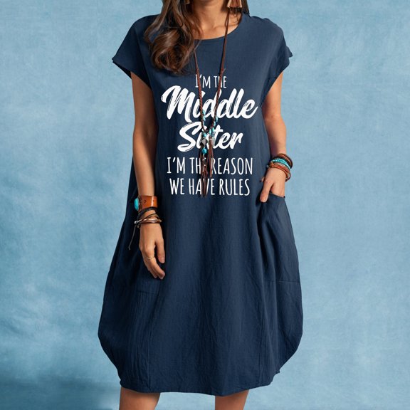 Lilgiuy Summer Sales Women's Dress Fashion Women Casual Round Neck Print Plus Size Pocket Dress