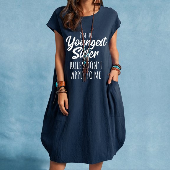 Lilgiuy Summer Sales Women's Dress Fashion Women Casual Round Neck Print Plus Size Pocket Dress