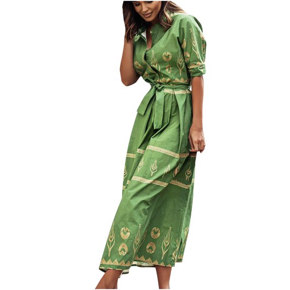 Lilgiuy Summer Sales Women's Summer Fashion Retro Round Neck Short Sleeves Printed Casual Dress