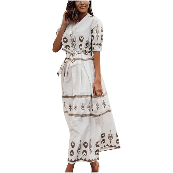 Lilgiuy Summer Sales Women's Summer Fashion Retro Round Neck Short Sleeves Printed Casual Dress