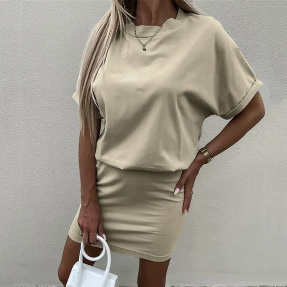 Lilgiuy Summer Sales Women's Summer Fashion Solid Color Round Neck Short Sleeve Casual Sports Dress