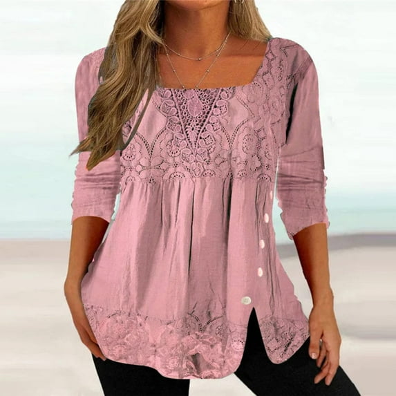 Lilgiuy Summer Tops For Women Women's Fashion Casual Solid Color Square Neck Pullover Long Sleeve Lace Splicing Top Dressy for Work